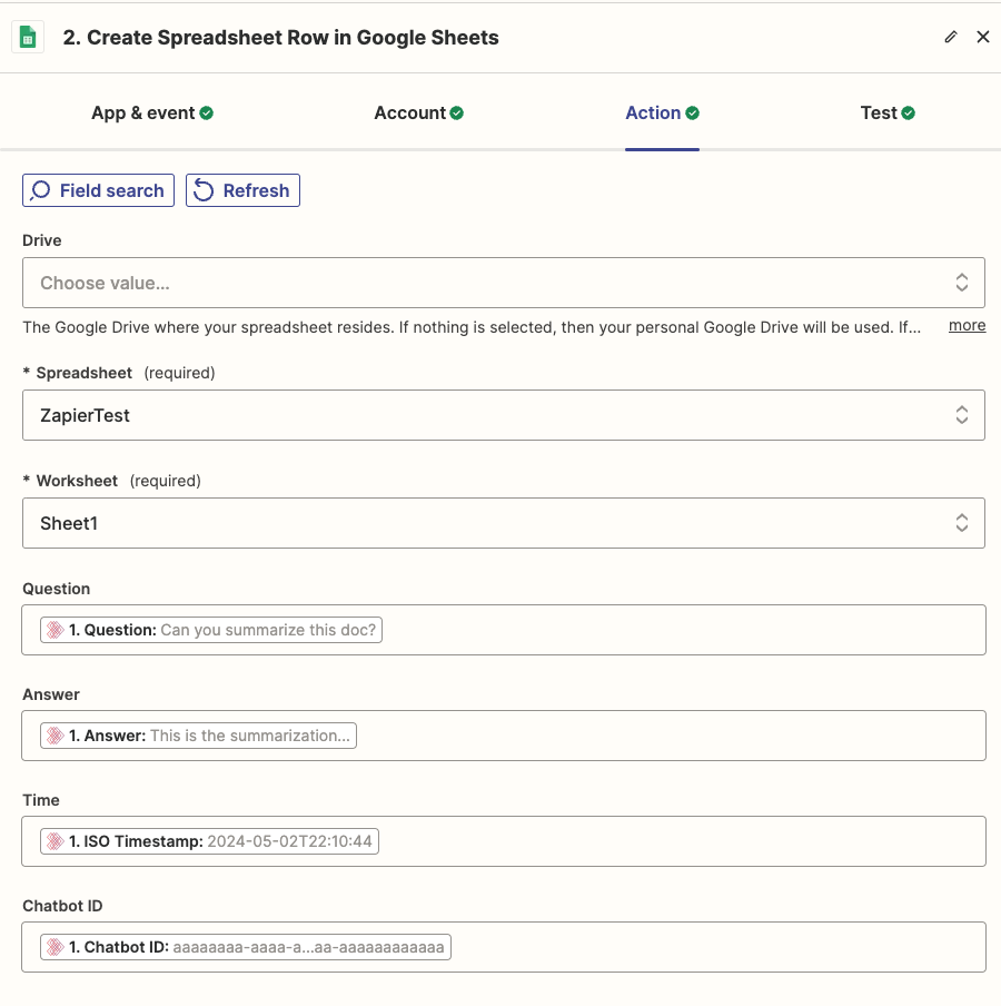 Configure Google Sheets action